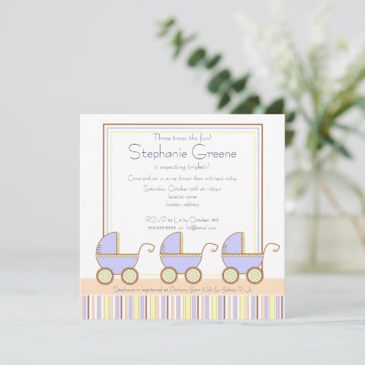 Trio Carriage Triplets Boy Baby shower Invitation Kaart (Staand voorkant)
