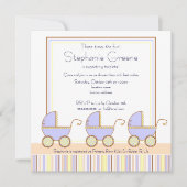 Trio Carriage Triplets Boy Baby shower Invitation Kaart (Voorkant)