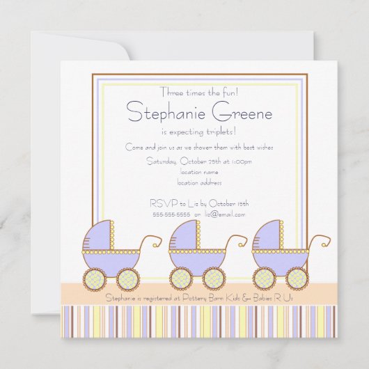 Trio Carriage Triplets Boy Baby shower Invitation Kaart (Voorkant)