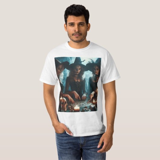 Trío de brujas haciendo magia negra t-shirt (Voorkant volledig)