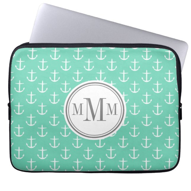 Trio Monogram Mint White Anchor Pattern Laptop Sleeve (Voorkant)