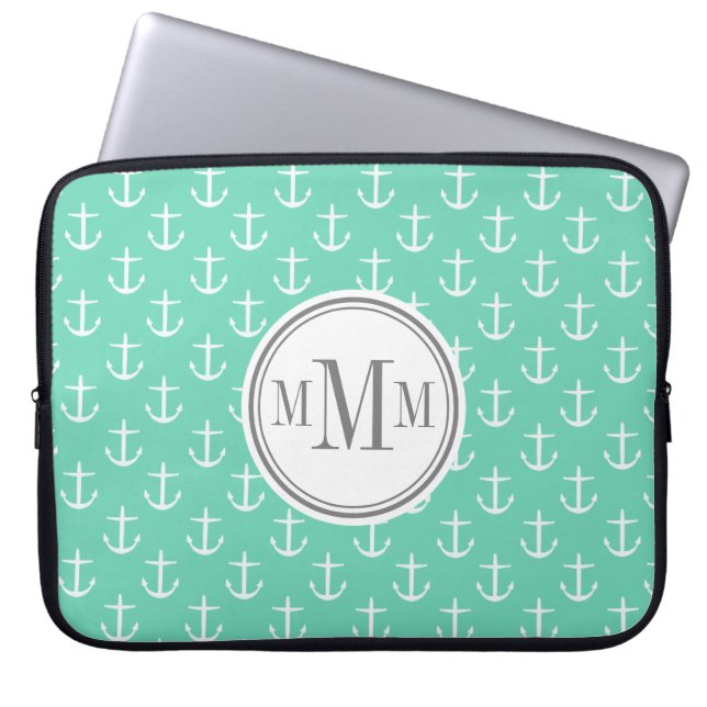 Trio Monogram Mint White Anchor Pattern Laptop Sleeve (Voorkant)