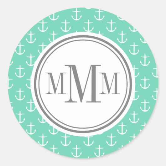 Trio Monogram Mint White Anchor Pattern Ronde Sticker (Voorkant)
