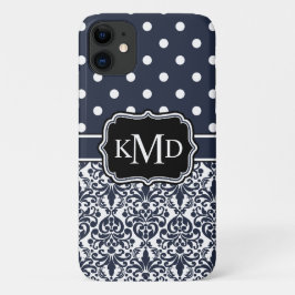 Trio Monogrammed Navy Damask Case-Mate iPhone Case