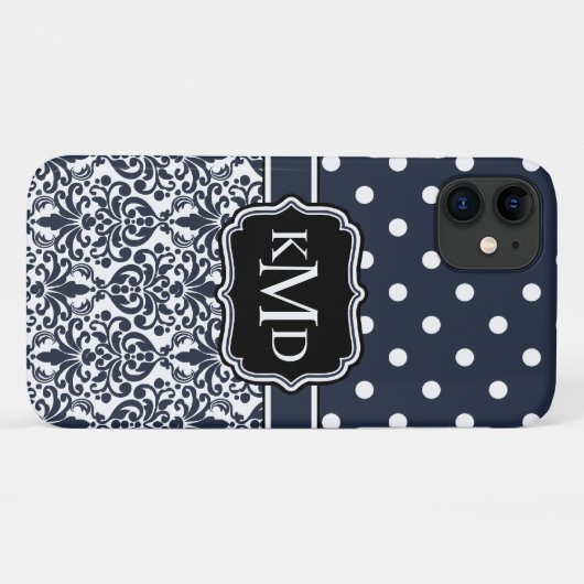 Trio Monogrammed Navy Damask Case-Mate iPhone Case (Achterkant (horizontaal))