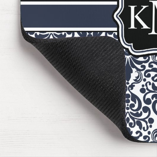 Trio Monogrammed Navy Damask Muismat (Hoek)