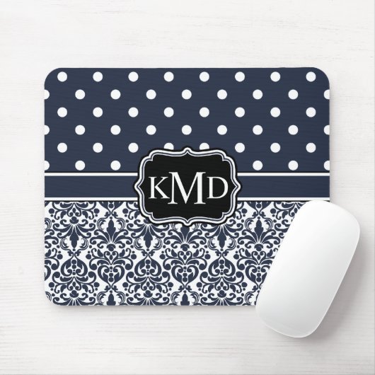 Trio Monogrammed Navy Damask Muismat (Met muis)