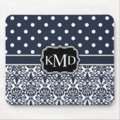 Trio Monogrammed Navy Damask Muismat (Voorkant)