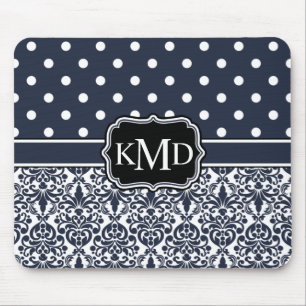 Trio Monogrammed Navy Damask Muismat