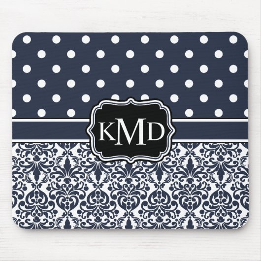 Trio Monogrammed Navy Damask Muismat (Voorkant)