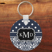 Trio Monogrammed Navy Damask Sleutelhanger (Voorkant)