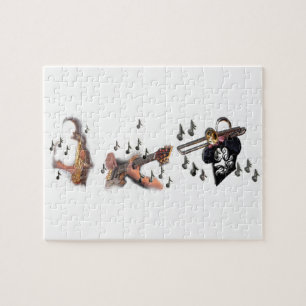 Trio, musici, abstracte gitaar, trombone, sax legpuzzel