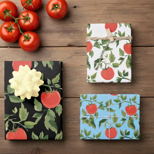 Trio of Tomato Plant Pattern Wrapping Paper Sheets