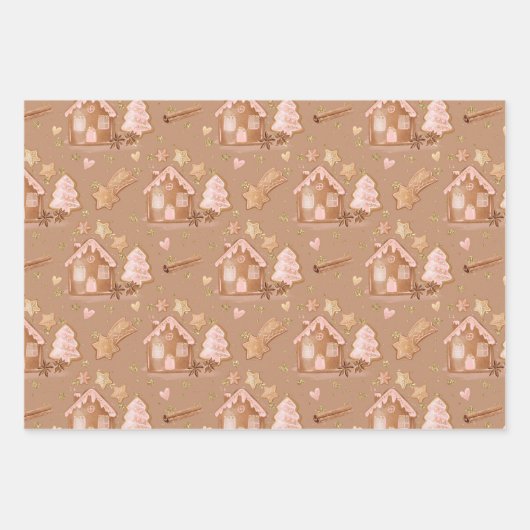 Trio Pink Brown Gingerbrood Houders Stars Cinnamon Inpakpapier Vel (Voorkant 2)