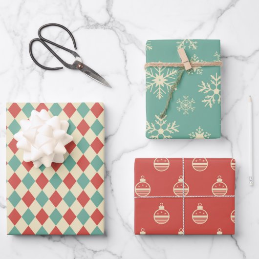 Trio Retro kerstkaarten Inpakpapier Vel (Voorkant)