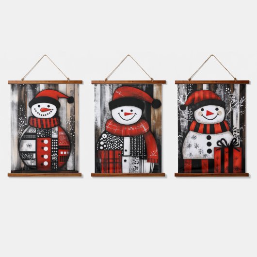 Trio Snowman Art in zwart, rood en wit Hangend Wandkleed (Driedubbel)
