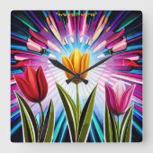 Trio Tulips: Een springen van Springtime Beauty Vierkante Klok (Voorkant)
