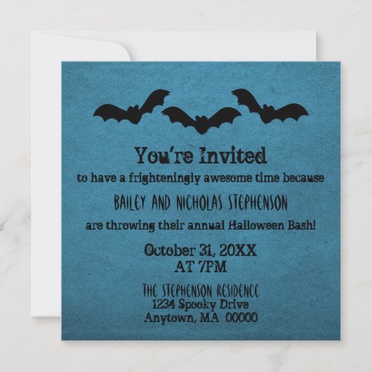Trio van Bats Halloween Party Invite, Donkerblauw Kaart (Voorkant)