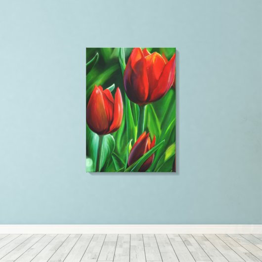 Trio van het digitale schilderij van Red Tulips fl Canvas Afdruk (Insitu (Houten vloer))