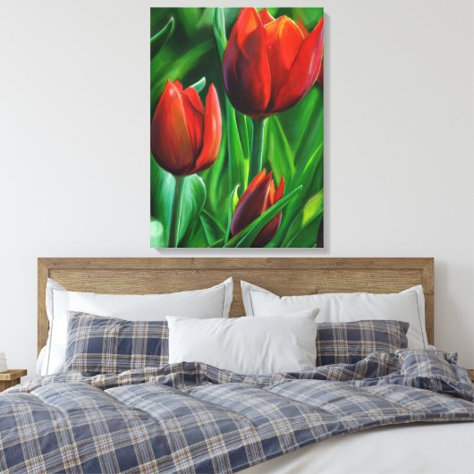Trio van het digitale schilderij van Red Tulips fl Canvas Afdruk (Insitu (Slaapkamer))