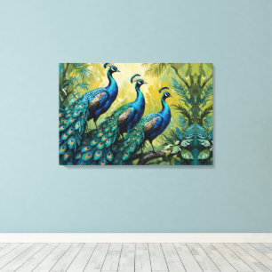 Trio van pauwen in het oerwoud bos canvas afdruk