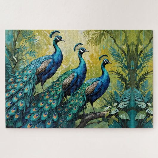 Trio van pauwen in het oerwoud bos legpuzzel (Horizontaal)
