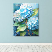 Trio van rust: Blue Hydrangeas Canvas Afdruk (Insitu (Houten vloer))