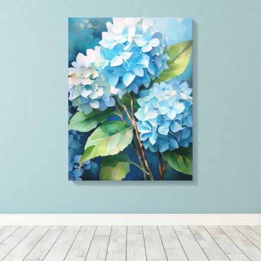 Trio van rust: Blue Hydrangeas Canvas Afdruk (Insitu (Houten vloer))