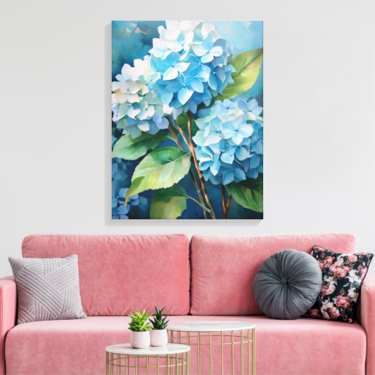 Trio van rust: Blue Hydrangeas Canvas Afdruk (Insitu (Woonkamer))