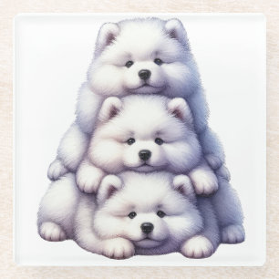 TRIO VAN SCHATTIGE SAMOYED PUPPY DOGS GLAZEN ONDERZETTER