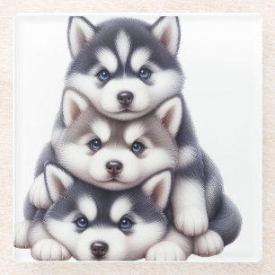 TRIO VAN SCHATTIGE SIBERISCHE HUSKY PUPPY DOGS GLAZEN ONDERZETTER