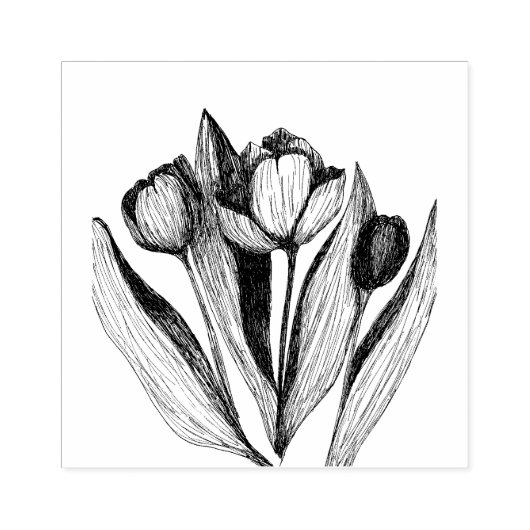 Trio van Tulpen, Hand getrokken gegraveerde stempe Rubberstempel (Afrduk)