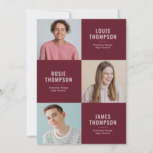 Triple Afstudeerder 3 Foto Burgundy Graduparty Kaart (Voorkant)