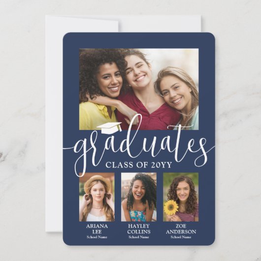 Triple Afstuderen Fotocollage Navy & White Joint Aankondiging (Voorkant)