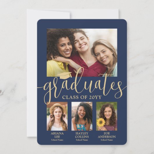 Triple Afstuderen foto's Navy & Gold Joint Party Kaart (Voorkant)