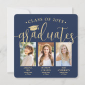 Triple Afstuderen foto's Navy & Gold Joint Party Kaart (Voorkant)