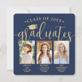 Triple Afstuderen foto's Navy & Gold Joint Party Kaart (Voorkant)