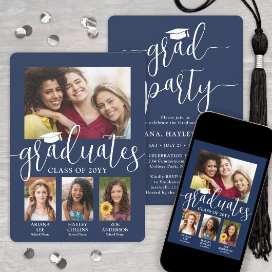 Triple Afstuderen foto's Navy & White Joint Party Kaart
