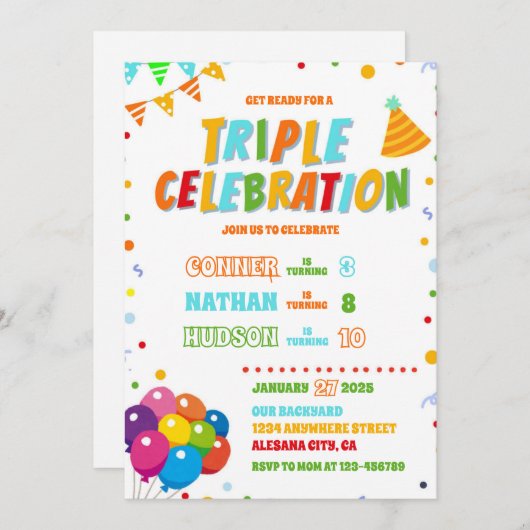 Triple Birthday Uitnodiging Verwant Gezamenlijke P (Voorkant / Achterkant)