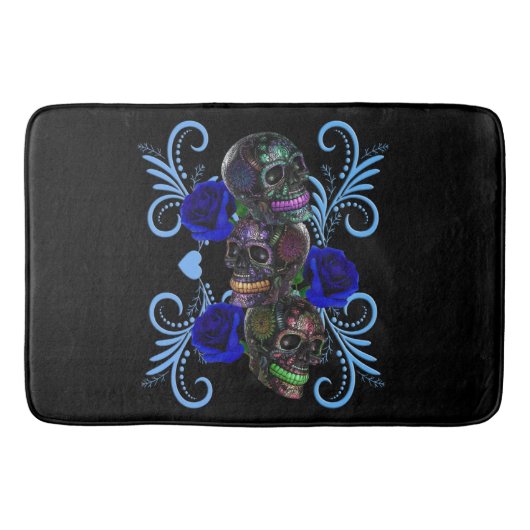 Triple Black Day of the Dead Skulls Blue Rozen Badmat (Voorkant)