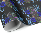 Triple Black Day of the Dead Skulls Blue Rozen Cadeaupapier (Rol Hoek)