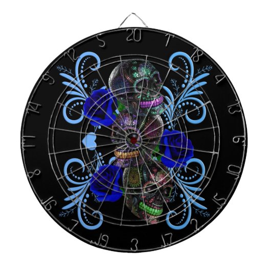 Triple Black Day of the Dead Skulls Blue Rozen Dartbord (Voorkant)