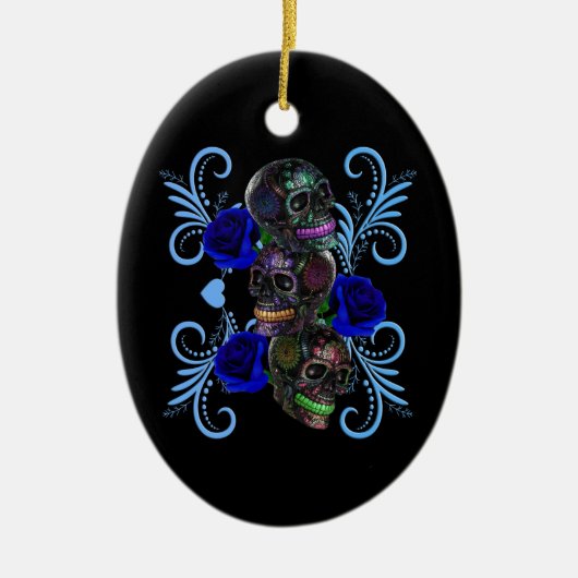 Triple Black Day of the Dead Skulls Blue Rozen Keramisch Ornament (Voorkant)