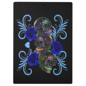 Triple Black Day of the Dead Skulls Blue Rozen Klembord (Achterkant)