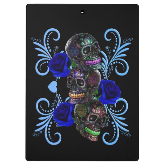 Triple Black Day of the Dead Skulls Blue Rozen Klembord (Achterkant)