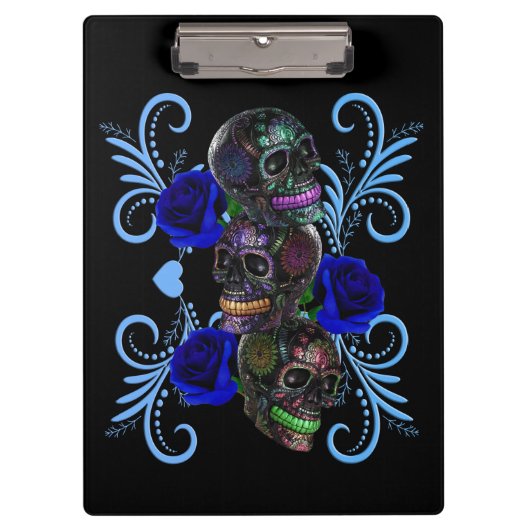 Triple Black Day of the Dead Skulls Blue Rozen Klembord (Voorkant)
