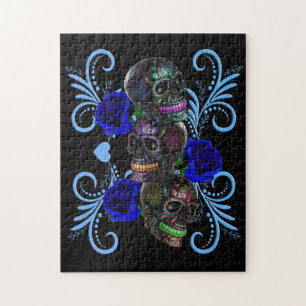 Triple Black Day of the Dead Skulls Blue Rozen Legpuzzel