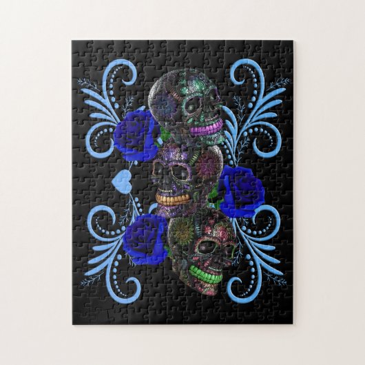 Triple Black Day of the Dead Skulls Blue Rozen Legpuzzel (Verticaal)