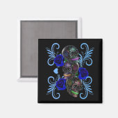Triple Black Day of the Dead Skulls Blue Rozen Magneet (Voorkant / Achterkant)