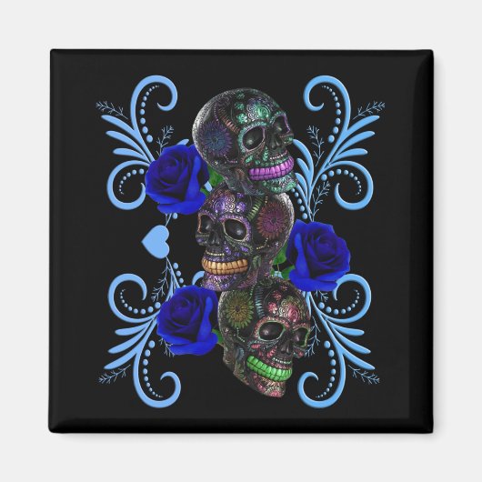 Triple Black Day of the Dead Skulls Blue Rozen Magneet (Voorkant)